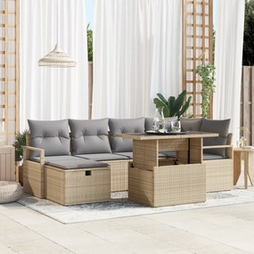 Conjunto de Sofá de 7 Peças para o Jardim com Almofadas Bege Rattan Po