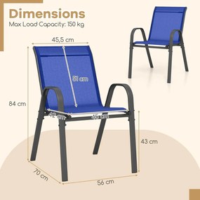 Conjunto de 4 cadeiras de jantar de jardim empilháveis Estrutura resistente ao tecido respirável Pátio exterior Praia 55 x 67 x 83 cm Azul