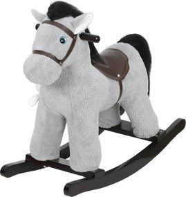 Cavalo de baloiço para crianças, brinquedo de baloiço para bebés em peluche com efeitos sonoros e boneca, 71 x 26 x 55 cm, cinzento