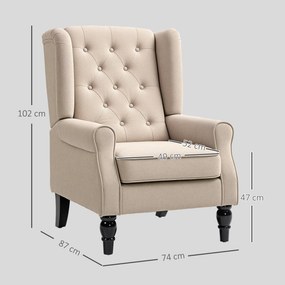 Poltrona de sala estofada com assento largo, pés de madeira, estilo clássico, grande conforto, 74 x 87 x 102 cm, bege