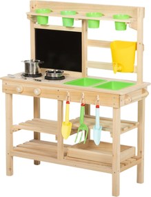 AIYAPLAY Cozinha de Brincar Exterior com Vasos Lavatório Torneira Utensílios de Aço Inoxidável e Quadro Negro Madeira | Aosom Portugal