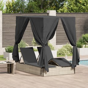 Chaise-longue dupla vidaXL com telhado e cortinas cinza claro em rattan sintético