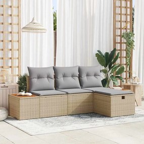 Conjunto de Sofá de Jardim vidaXL 4 Peças com Almofadas Bege de Rattan Poliéster