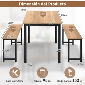 Conjunto de mesa de jantar de 3 peças com estrutura de metal e 2 bancos para 2-4 pessoas móveis de mesa para cozinha natural