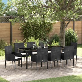 vidaXL Conjunto de Jantar de Jardim de 9 Peças com Almofadas Pretas em Rattan Poliéster