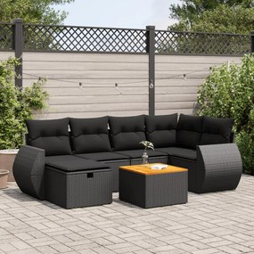 7 pcs conjunto de sofás p/ jardim c/ almofadões vime PE preto