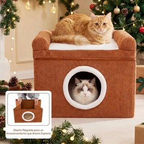 Cama para gatos de interior 49 x 41 x 39 cm - Grande caverna para gatos com condomínio, tapete de sisal para arranhar e almofada - castanha
