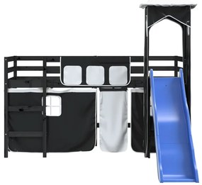 Cama alta criança c/ torre 90x190 cm pinho maciço branco/preto