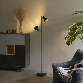 Candeeiro de pé industrial preto com madeira 2 luzes - Jakub