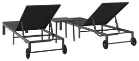 Espreguiçadeiras 2 pcs com Rodas e Mesa em Rattan Preto