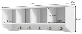 Cabide Armário de entrada de parede com 4 compartimentos e 5 ganchos duplos 72 x 15,5 x 23 cm Branco