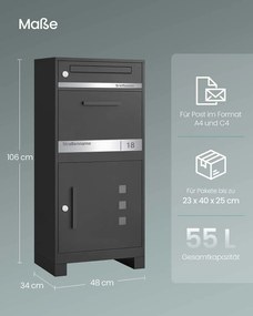 Caixa de correio 34 x 48 x 106 cm com compartimento para pacotes e fechadura segura na tampa para envios, cinza