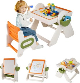 Conjunto de mesa e cadeira para crianças 6 em 1 Multi-atividade Cavalete dobrável para crianças com superfície reversível e ranhura laranja