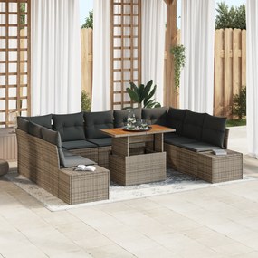 Conjunto de Sofá de Jardim de 10 Peças com Almofadas Cinza Rattan Poli