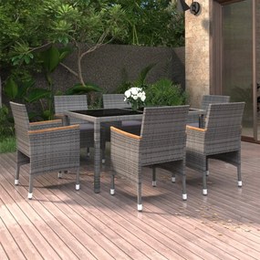 vidaXL 7 pcs conjunto jantar p/ jardim vime PE e vidro temperado cinza