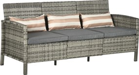 Outsunny Sofá de rattan com almofadas, 3 lugares, Sofá lounge para jardim, Aço, Cinza, 173 x 68 x 78 cm | Aosom Portugal