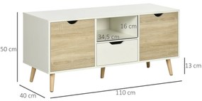 HOMCOM Móvel de TV com Gaveta 2 Portas e Prateleira Mesa de TV para Televisores de até 50 Polegadas Aparador de Sala de Estar 110x40x50cm Branco e Madeira