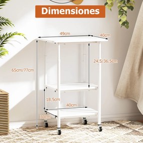 Suporte para impressora 49 x 40 x 65-77 cm de 3 níveis com 2 alturas ajustáveis com Prateleiras de armazenamento Rodas universais bloqueáveis Branco