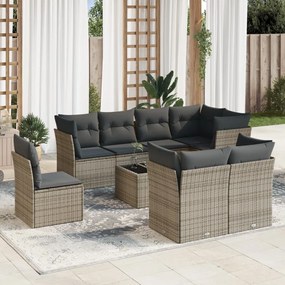 9 pcs conjunto sofás p/ jardim com almofadões vime PE cinzento