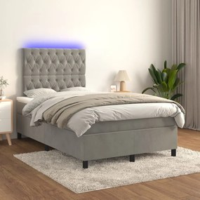 Cama box spring c/ colchão/LED 120x200 cm veludo cinzento-claro