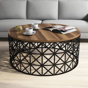 Mesa de Centro Selin Metal Ferforje – Nogueira/Preto – 90x90x38 cm