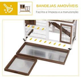Coelheira de Madeira Interior com Rodas Gaiola para Coelhos Animais Pequenos de 2 Pisos com Área Aberta Rampa e 2 Bandejas Removíveis 110x50x86cm Marr