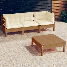 vidaXL 4 pcs conjunto lounge jardim c/ almofadões creme pinho