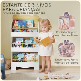 Estante Infantil de 3 Níveis Estante para Livros Infantil Desenho de Ursinho 55x15x110 cm Branco e Madeira
