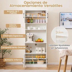 Armário de cozinha 64,5 x 38 x 168 cm com estação de carregamento integrada com 4 portas, 2 prateleiras ajustáveis e bancada para micro-ondas, branco