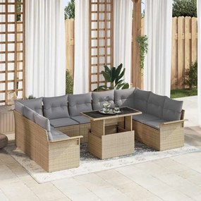 vidaXL Conjunto de Sofás de Jardim de 10 Peças com Almofadas Bege em Vime Poliéster