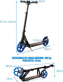 Trotinete dobrável com luzes LED para crianças Guiador com altura ajustável  93 x 43 x 91-106 cm Preto