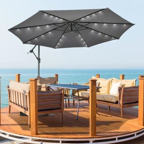 Guarda-sol de 3 m  32 luzes LED Painel solar Guarda-sol com base de saco de areia Toldo impermeável para praia pátio jardim piscina cinzento