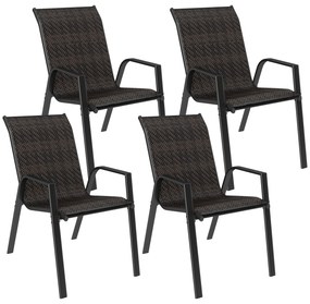 Outsunny Conjunto de 4 Cadeiras de Jardim Empilháveis Cadeira de Exterior com Braços e Revestimento em Resina Trançada Marrom | Aosom Portugal