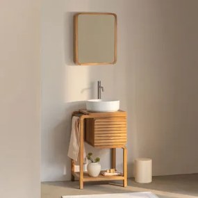 Conjunto De Móvel De Casa De Banho Em Madeira De Teca Bradley Cerâmica Redonda Branca Ø40 Cm Lenka & Cinzento Escovado ↑30 Cm Com Válvula De Drenagem