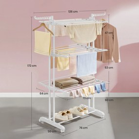 Estendal de roupa com 4 níveis, com abas dobráveis e rodas 63,5 x 128 x 173 cm branco nuvem