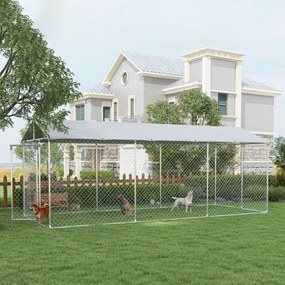 Canil de Exterior para Cães Parque para Cães com 1 Porta Estrutura de Aço Toldo Impermeável e Anti-UV 600x230x230 cm Prateado