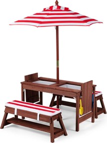 Conjunto de Mesa e 2 Bancos Infantis com Sombrinha, 89 x 44 x 50 cm, Arrumação Integrada, Vermelho