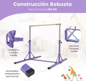 Barra de ginástica infantil dobrável com 13 alturas ajustáveis Estrutura triangular para ginásio em casa Carga 100 kg Roxo