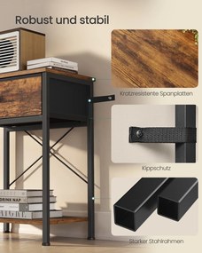 Mesa de cabeceira castanho vintage com tomada LED, 39,6 x 30 x 60,4 cm, 2 gavetas