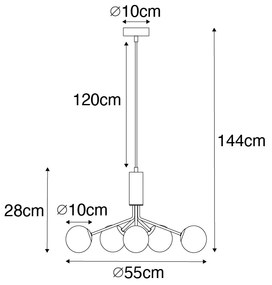 Moderno candeeiro suspenso dourado com vidro opalino 5 luzes - Coby Art Deco