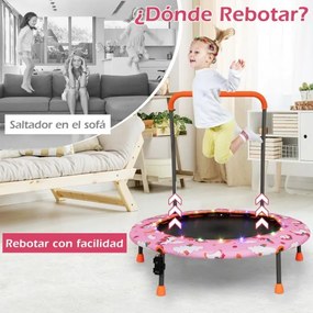 Trampolim para crianças 92 cm com luzes LED Pega de segurança Tapete de saltos redondo Cobertura 3-6 anos Rosa