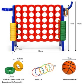 Conjunto Conecta 4 Conjunto Gigante para Crianças e Adultos Conjunto de Parques Infantis e Adultos 74 cm com Cesto e Jogo de Atirar Anel 42 Peças Azul