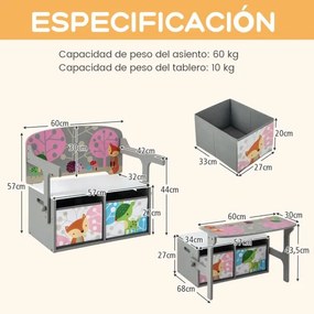 Conjunto de mesa e cadeira para crianças com 2 recipientes de pano amovíveis Mesa para crianças 3 em 1 com banco de actividades convertível Cinzento