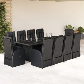 vidaXL 11 pcs conjunto de jantar p/ jardim c/ almofadões vime PE preto