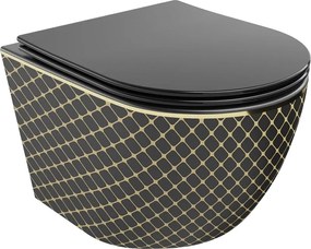 Mexen Lena sanitário suspenso sem borda com tampa de fechamento suave slim, duroplástico, preto mate/padrão dourado de grade