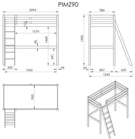 Cama alta de Criança PINO 90 x 200 cm + estrado + escada Cinzenta