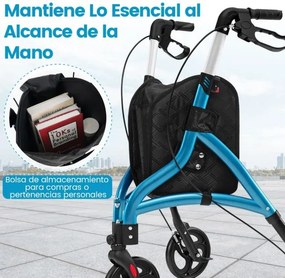 Andador para idosos com estrutura em alumínio leve, rodas grandes de 20 cm, altura ajustável e bolsa de armazenamento Azul