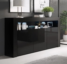 Aparador Alays – 155x37x91,5 cm – Preto Brilhante – 3 Portas com Luz L