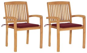 vidaXL Cadeiras jardim c/ almofadões vermelho tinto 2 pcs teca maciça