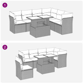 7 pcs conjunto de sofás p/ jardim com almofadões vime PE bege
